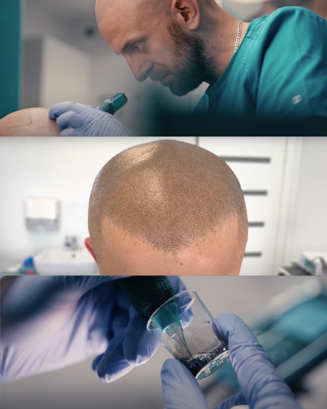 Mikropigmentacja skóry głowy: zabieg wykonywany przez specjalistę, widoczny efekt na głowie klienta oraz przygotowanie pigmentu.