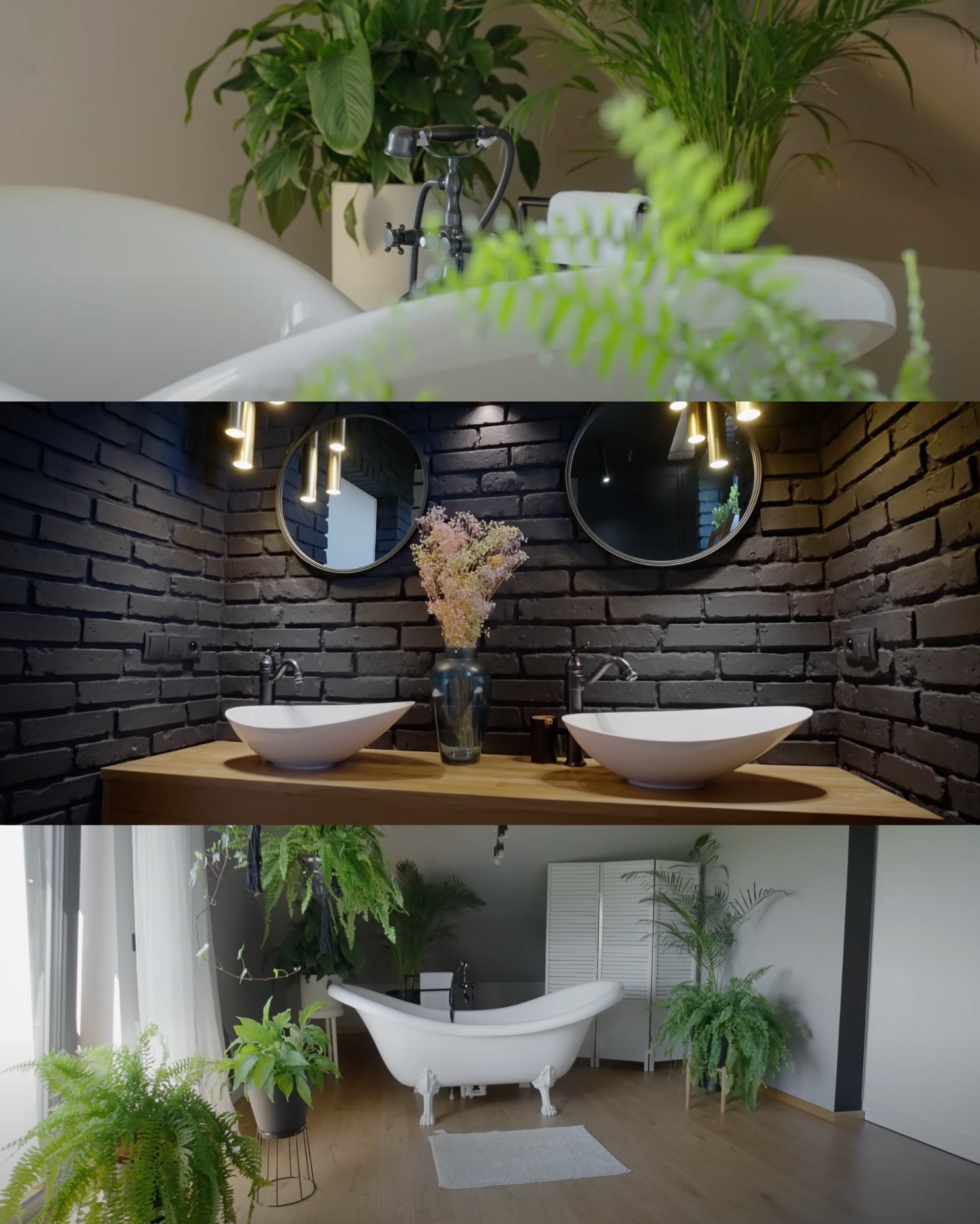 Wnętrze łazienki z wolnostojącą wanną na lwich nóżkach, umywalkami w stylu retro na drewnianym blacie i czarną ścianą z cegły, dopełnione zielonymi roślinami doniczkowymi.