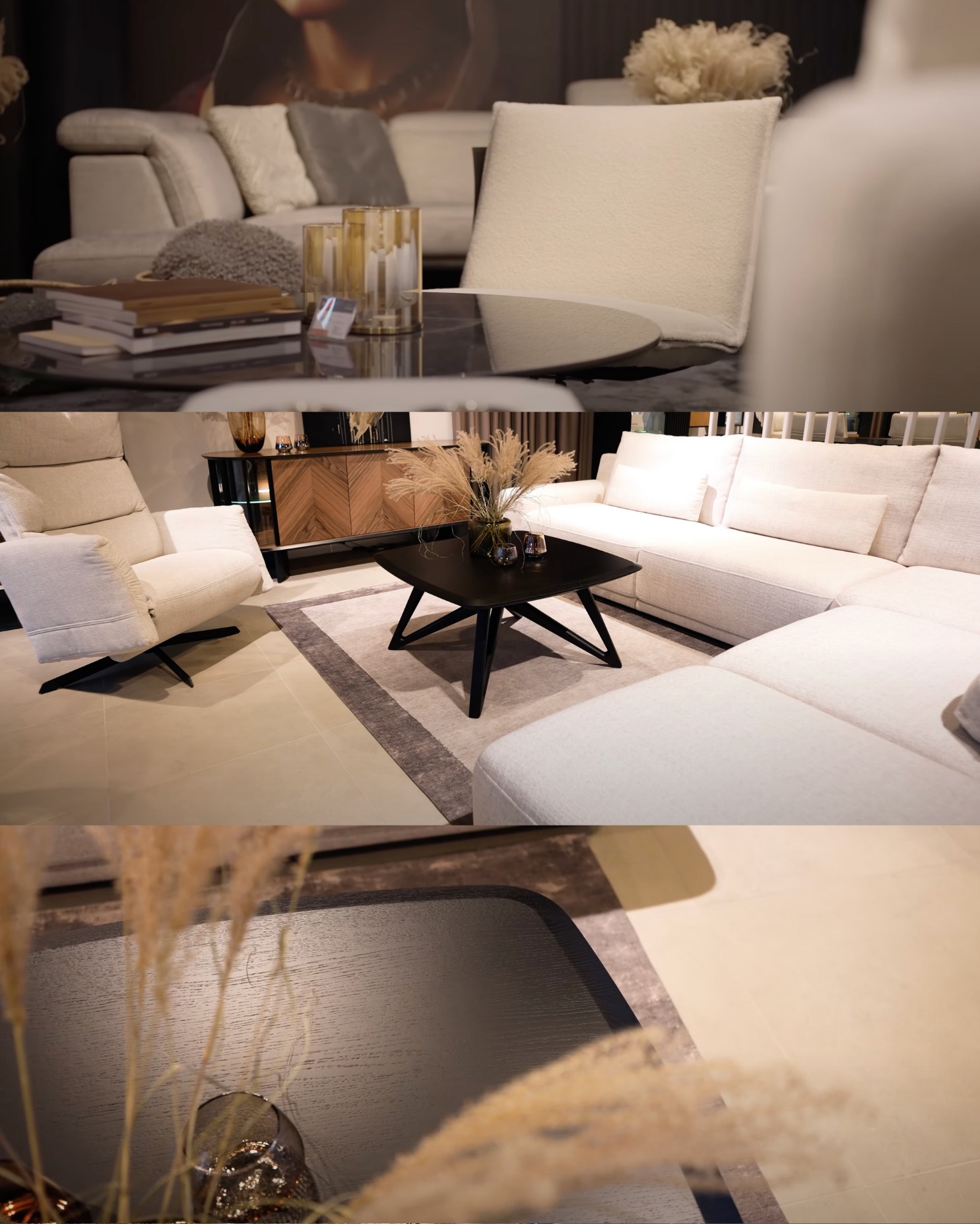 Jasne, nowoczesne wnętrze z narożną sofą, fotelem relaksacyjnym i stolikiem kawowym z dekoracjami.