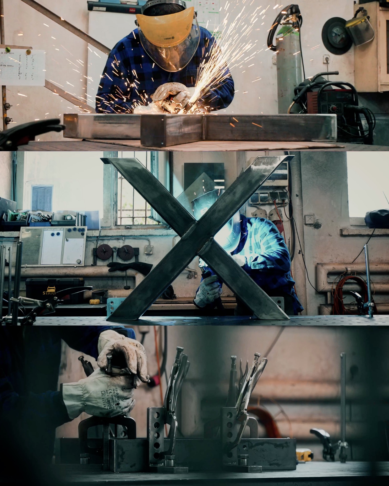 Spawanie metalowej konstrukcji w kształcie litery X w warsztacie, widoczne iskry, spawacz w ochronnej masce i kombinezonie, w tle narzędzia i wyposażenie warsztatu.