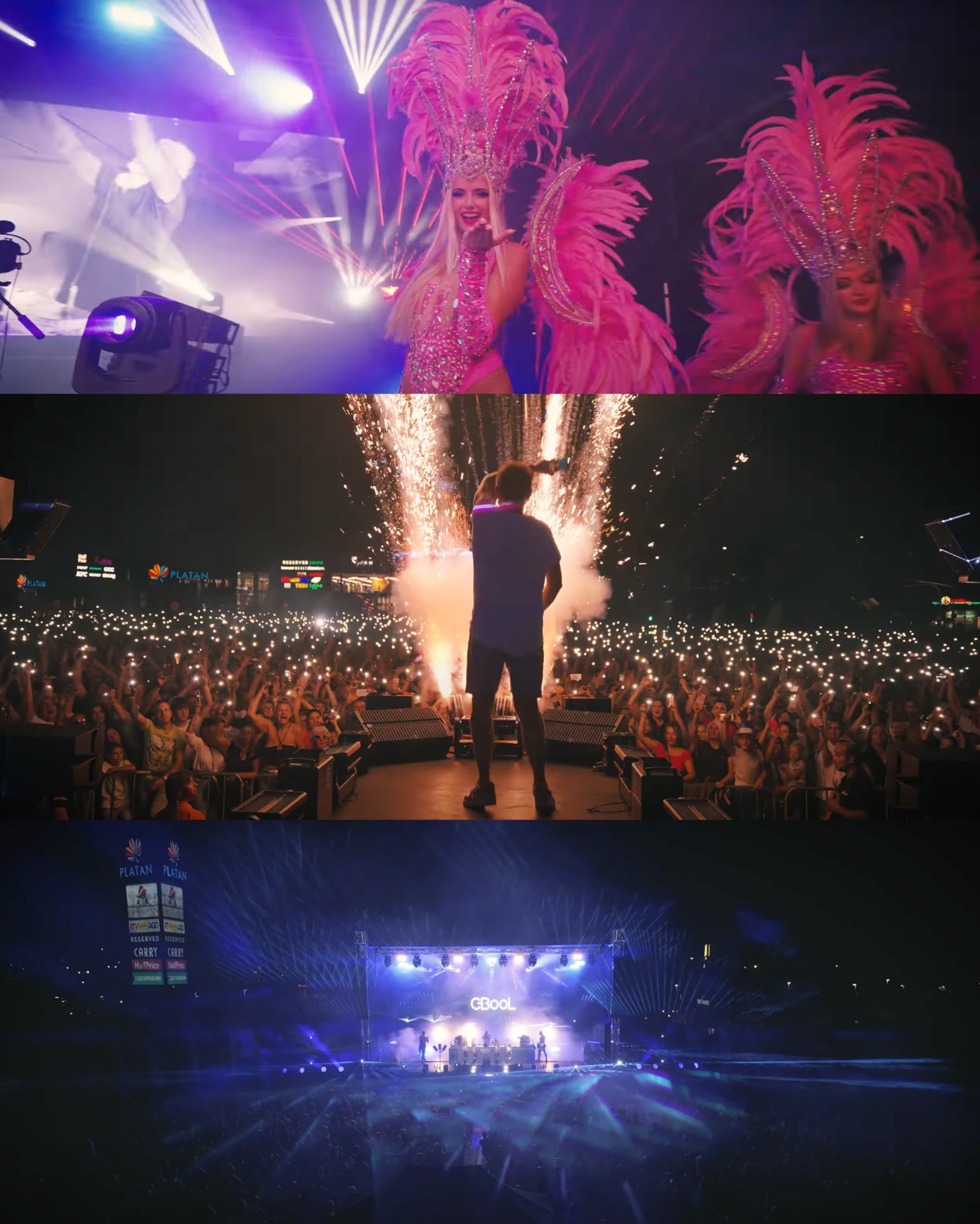 Relacja z koncertu: wokalistka w różowym kostiumie i pióropuszu, tłum fanów z telefonami oraz scena z efektami pirotechnicznymi.