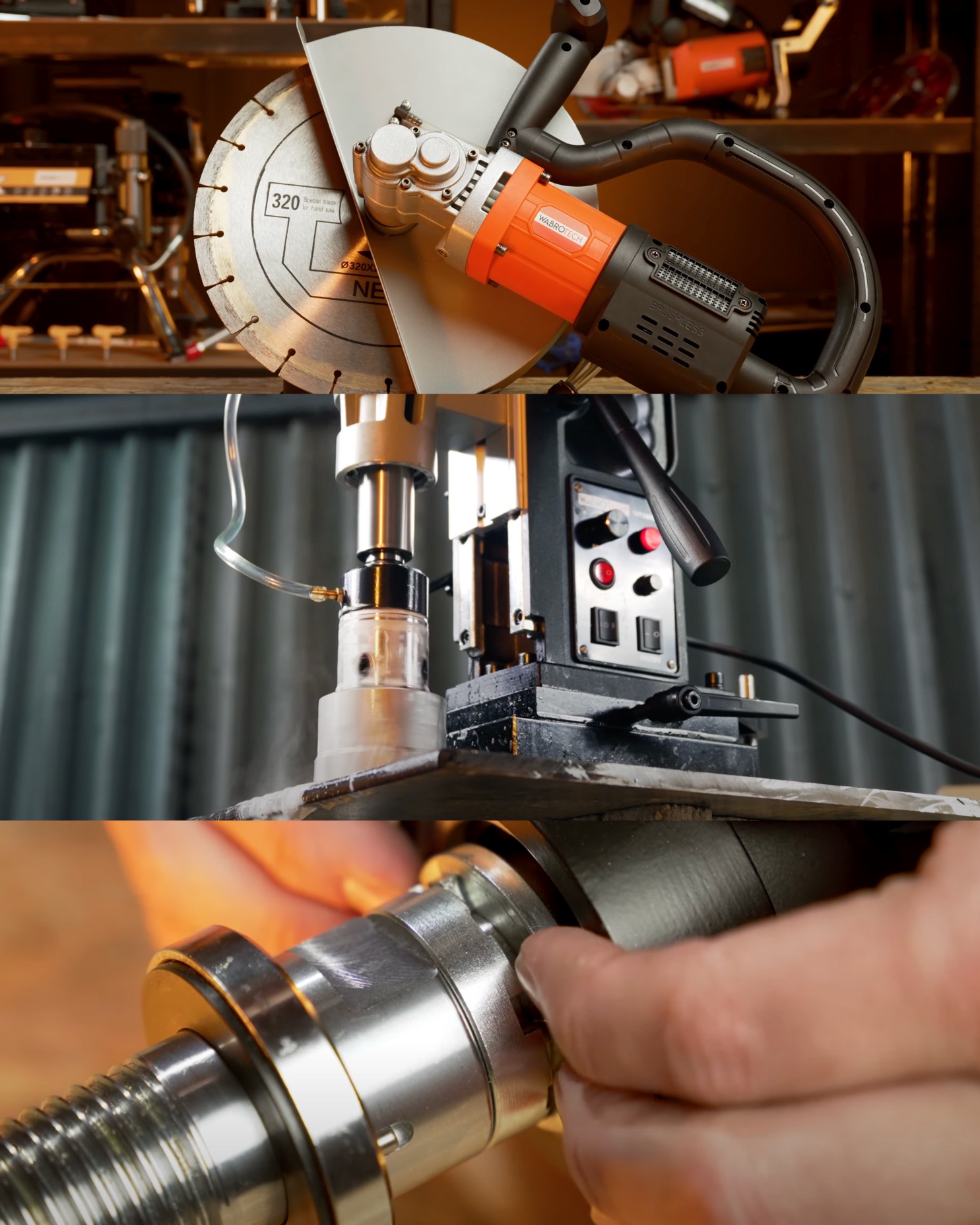 Zbliżenie na narzędzia do obróbki metalu: przecinarka tarczowa, wiertarka kolumnowa z chłodzeniem i gwintowany wał z ręką przy regulacji, ukazujące warsztatową precyzję i technologię.