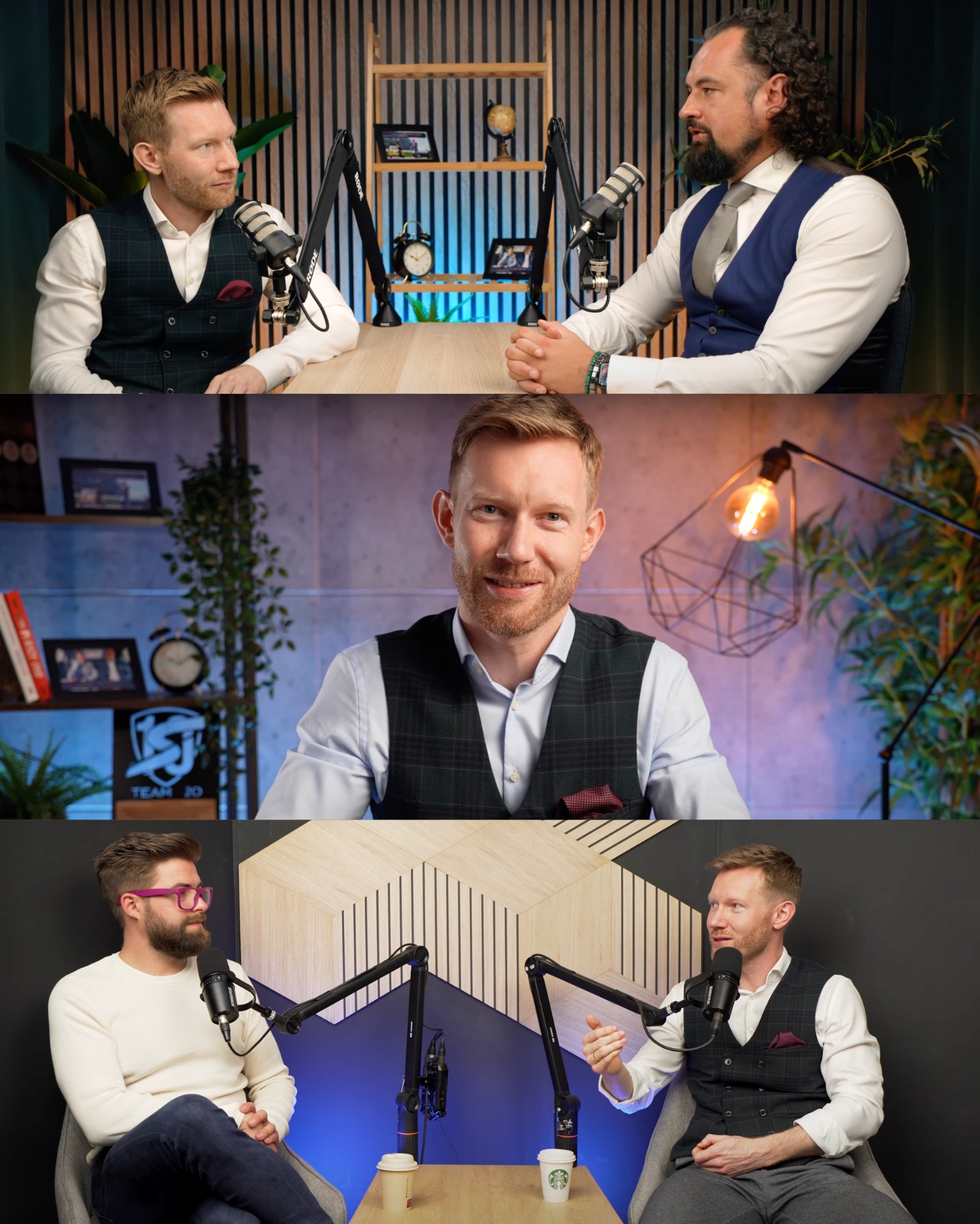 Kolaż z ujęciami z nagrania podcastu: dwóch mężczyzn rozmawiających przy mikrofonach, zbliżenie na uśmiechniętego mężczyznę w kamizelce, oraz rozmowa dwóch mężczyzn z kubkami Starbucks.
