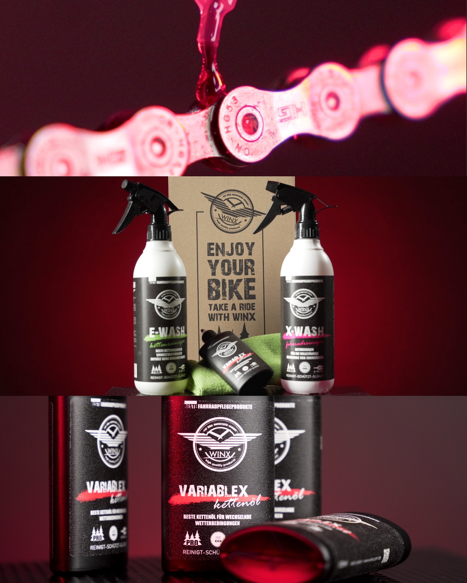 Zestaw produktów do czyszczenia i smarowania łańcucha rowerowego marki Winx, składający się z E-Wash, X-Wash i Variablex, prezentowany na czerwonym tle z kroplą oleju na łańcuchu.