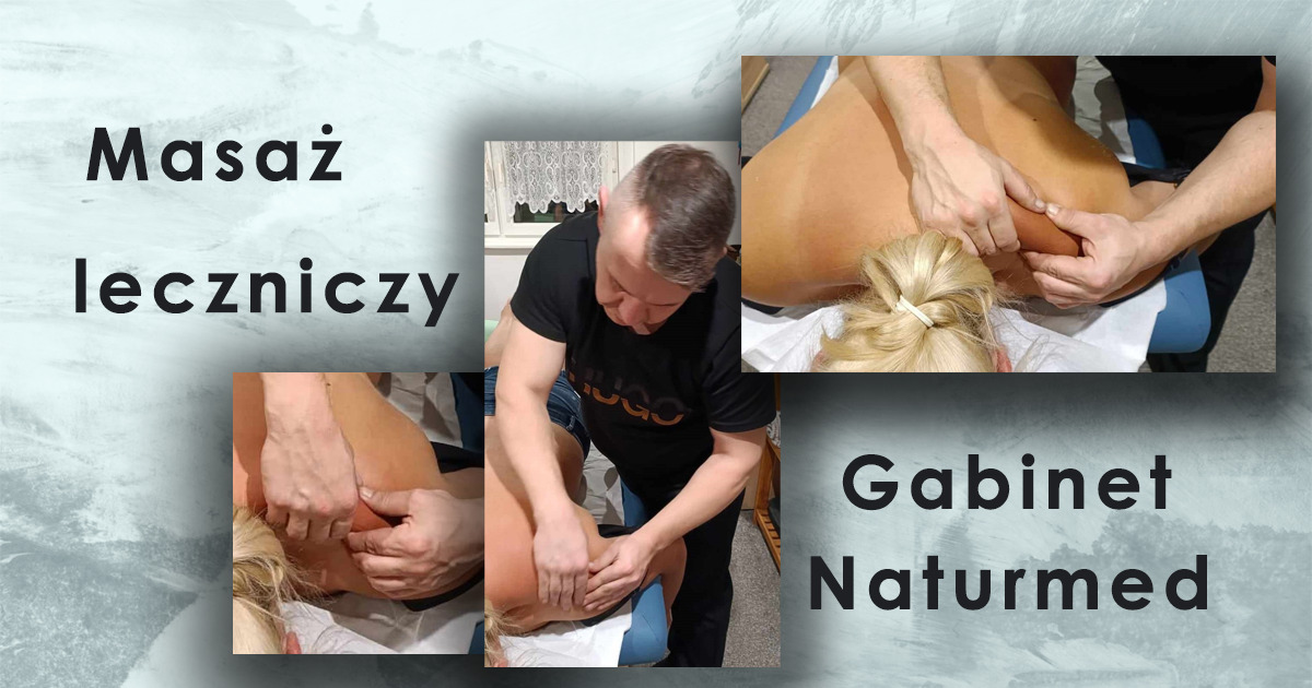 Terapeuta wykonuje masaż leczniczy pleców pacjentki w gabinecie Naturmed, widoczne dłonie terapeuty i fragmenty ciała pacjentki.