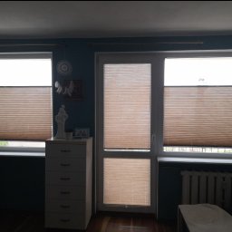 Exdor rolety żaluzje plisy moskitiery - Beżowe plisy zamontowane w oknach i drzwiach balkonowych, widoczne z wnętrza pokoju o ciemnych ścianach. Na parapecie dekoracje, obok komoda.