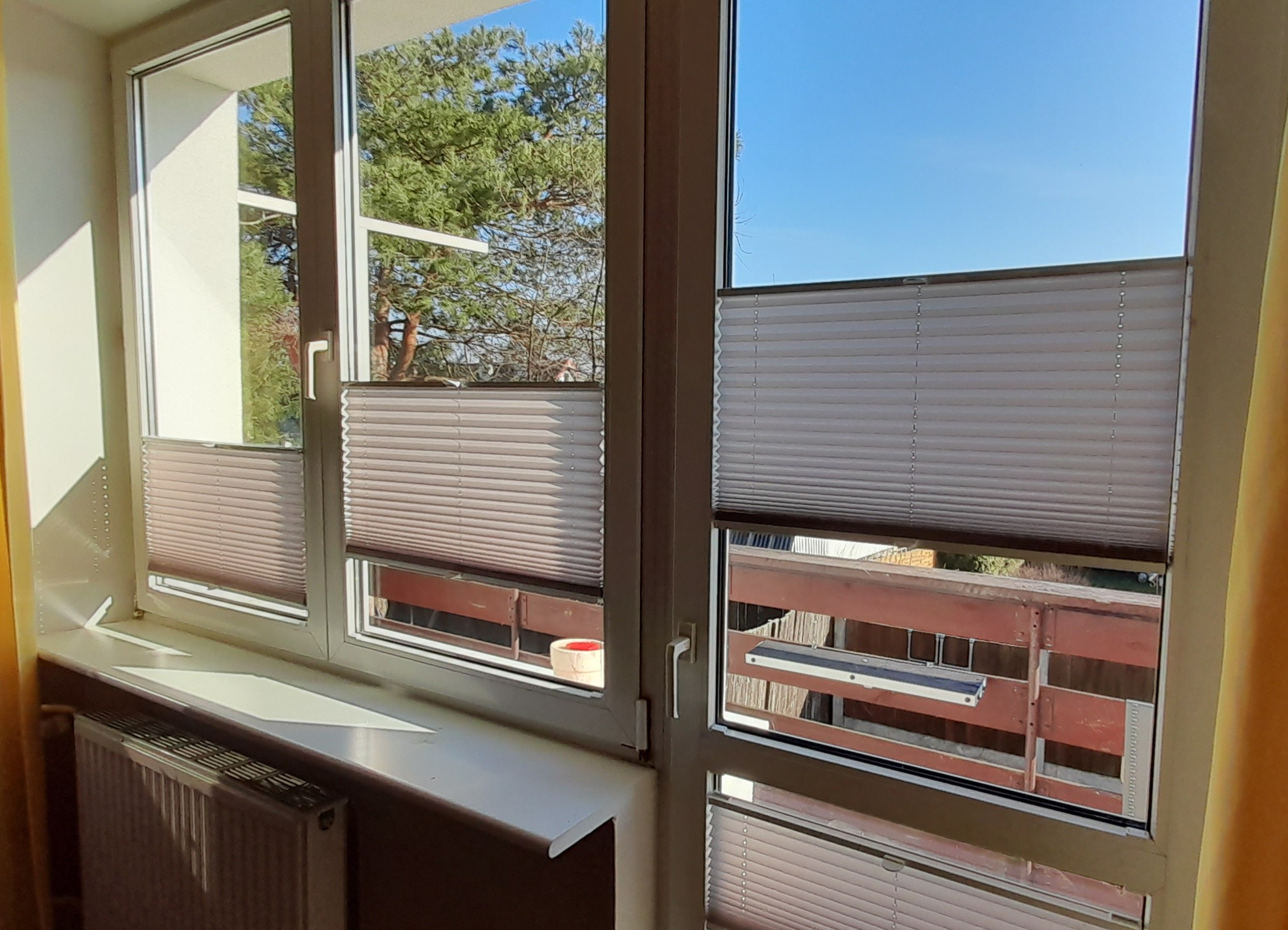 Widok z okna z zamontowanymi plisami w kolorze jasnego beżu, częściowo zasłonięte, z widocznym za oknem drzewem i balkonem sąsiedniego mieszkania.