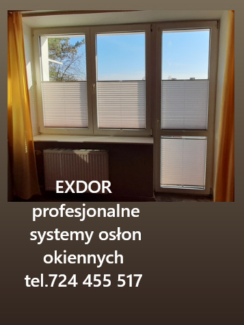 Okno z zamontowanymi białymi osłonami okiennymi typu plisa, widok z wnętrza pomieszczenia, zasłonięta górna część okna, na dole reklama firmy EXDOR.