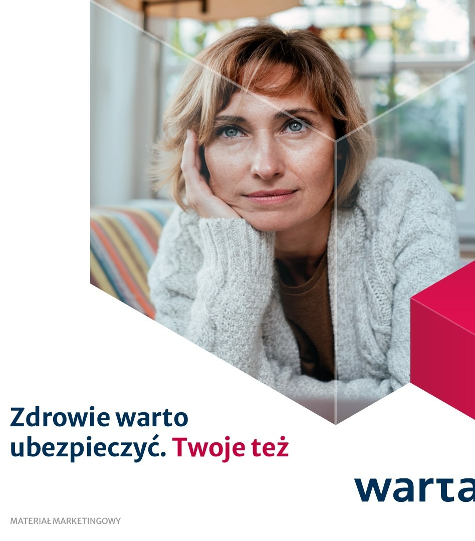 Portret kobiety w swetrze zamyślonej, opierającej głowę na dłoni, w tle okno i fragment sofy, w rogu logo Warta i hasło 'Zdrowie warto ubezpieczyć. Twoje też.'