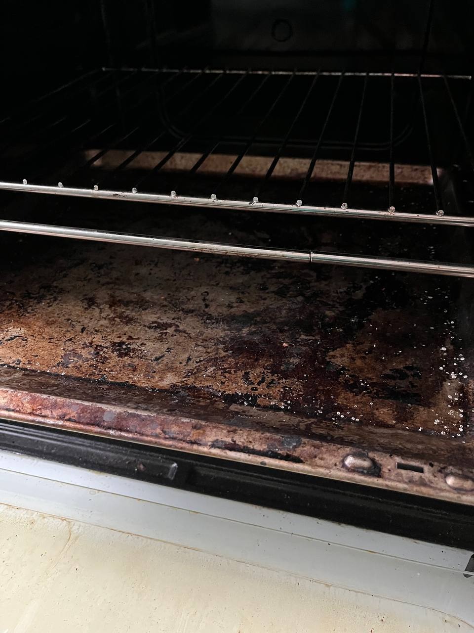 Wnętrze bardzo brudnego piekarnika z przypalonym tłuszczem i resztkami jedzenia na dnie i ruszcie, widoczne ślady po czyszczeniu.