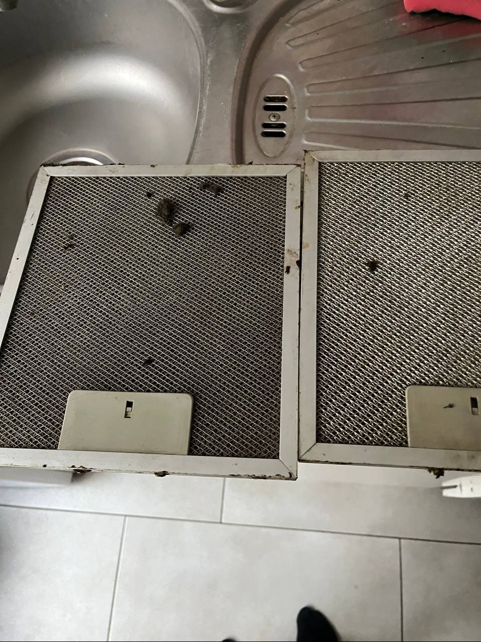 Dwa bardzo brudne filtry okapu kuchennego, z widocznymi plamami tłuszczu i zabrudzeń, leżące obok zlewu.