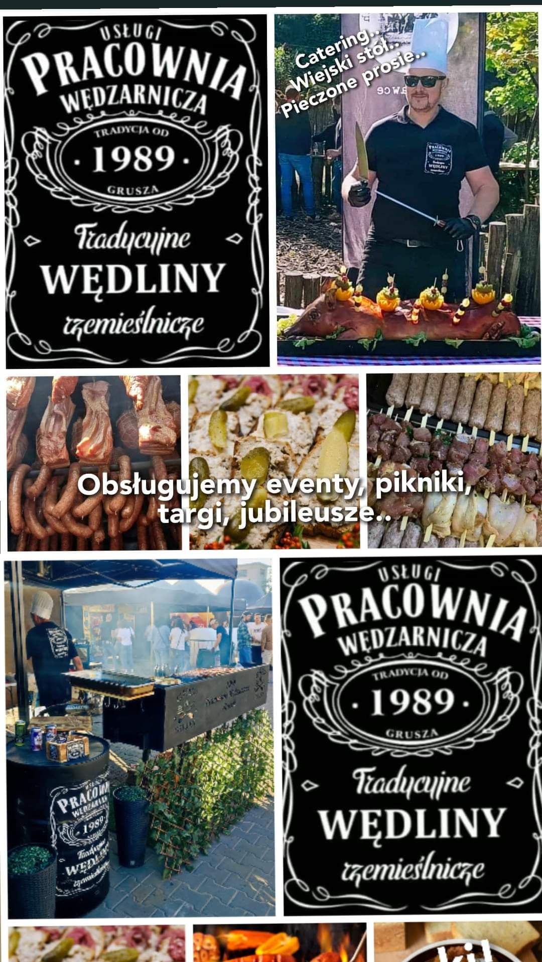 Kolaż zdjęć prezentujący usługi wędliniarskie: logo firmy, pieczone prosię serwowane przez kucharza, wędliny, stoisko z grillem i obsługą imprez.