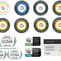 Zestaw certyfikatów IT, w tym Google Cloud, Cisco CCNA i Mikrotik, potwierdzających kwalifikacje w obszarach cloud computing, cyberbezpieczeństwa i sieci.