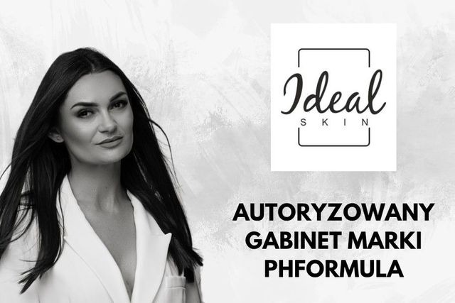 Portret kobiety z długimi ciemnymi włosami, logo Ideal Skin i napis AUTORYZOWANY GABINET MARKI PHFORMULA na rozmytym szarym tle.
