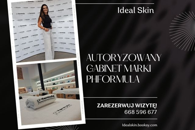 Kolaż z wizerunkiem kobiety na tle ściany z logotypami, wnętrza gabinetu z leżankami i kosmetykami, oraz czarne tło z tekstem 'Autoryzowany gabinet marki PHformula' i danymi kontaktowymi.