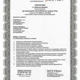 Skan certyfikatu ukończenia szkolenia z zakresu wykorzystania mediów społecznościowych do rozwoju firmy, wydany przez Integrum Sp. z o.o., z informacjami o szkoleniu i efektach dla uczestnika.