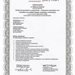 Skan zaświadczenia o ukończeniu szkolenia z zakresu skalowania sprzedaży i narzędzi do analityki działań sprzedaży i marketingu, wydanego przez Integrum Sp. z o.o. z Zielonej G&oacute;ry dla Pana Mateusza...