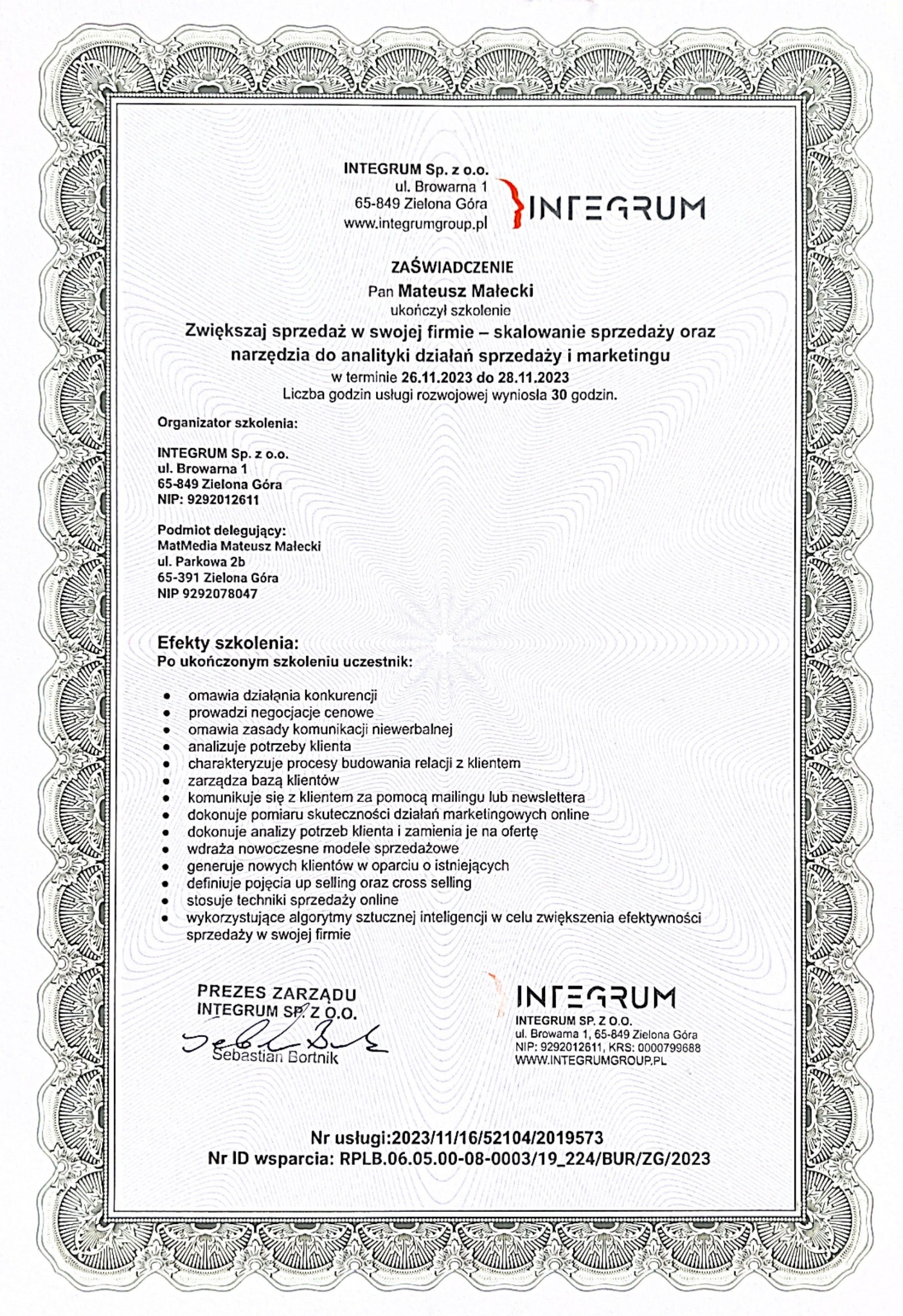 Skan zaświadczenia o ukończeniu szkolenia z zakresu skalowania sprzedaży i narzędzi do analityki działań sprzedaży i marketingu, wydanego przez Integrum Sp. z o.o. z Zielonej Góry dla Pana Mateusza...