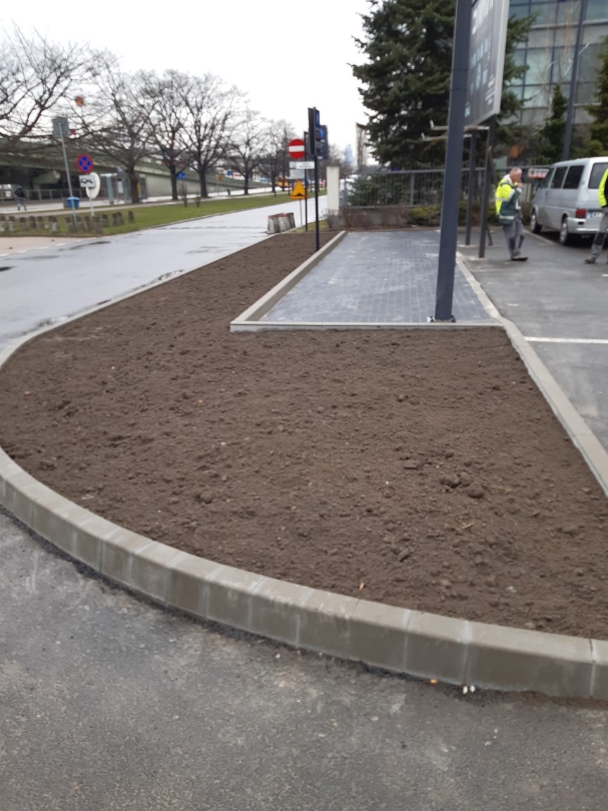 Przygotowany teren pod nasadzenia z obrzeżami z kostki brukowej, widoczny fragment chodnika z kostki i ekipa w tle.