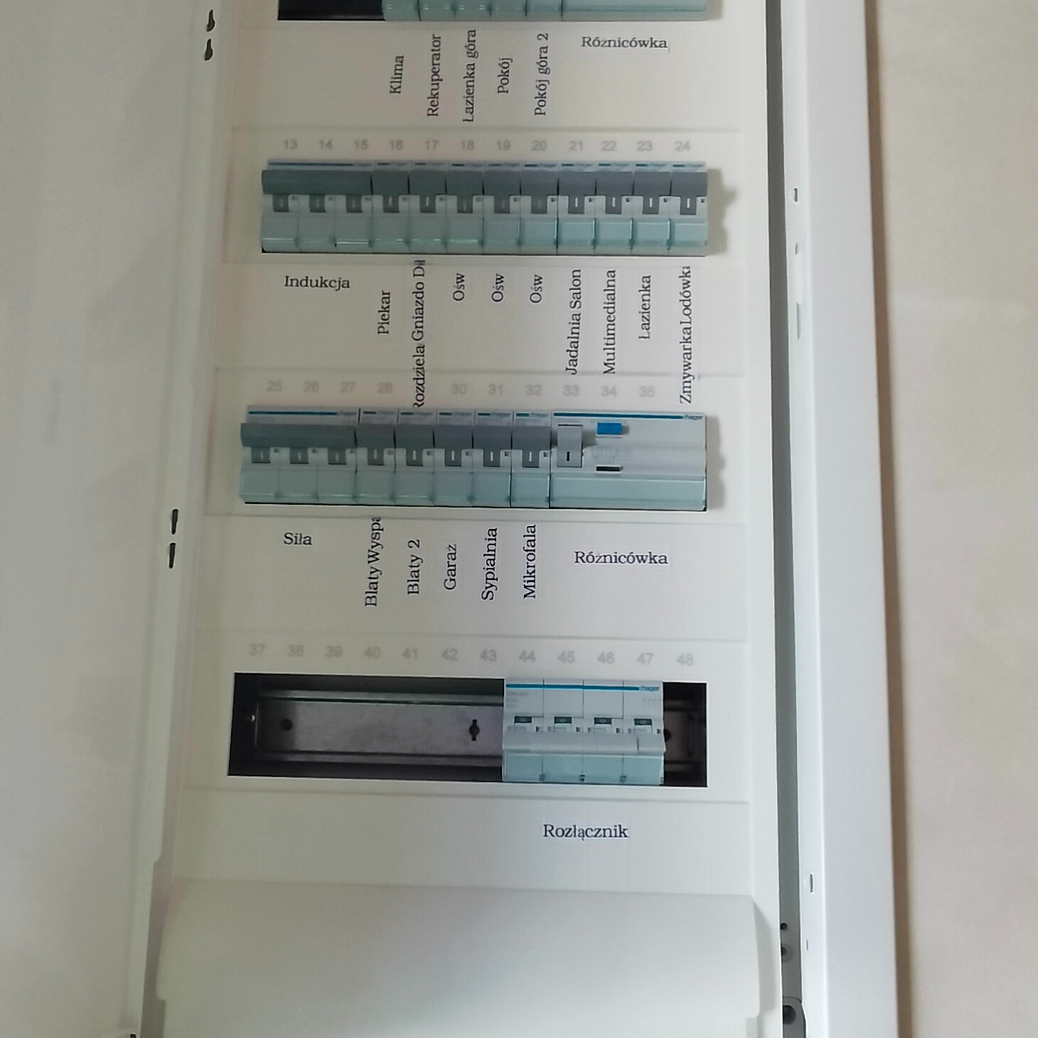 Rozdzielnica elektryczna w obudowie, widoczne bezpieczniki z opisami obwodów: indukcja, piekarnik, oświetlenie, multimedia, łazienka, zmywarka, siła, gniazda, garaż, sypialnia, mikrofala...