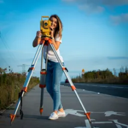 Uśmiechnięta geodetka w białej koszulce i jeansach obsługuje żółty teodolit Topcon na trójnogu, stojąc na ścieżce rowerowej obok drogi z widocznym znakiem ograniczenia prędkości do 70 km/h...