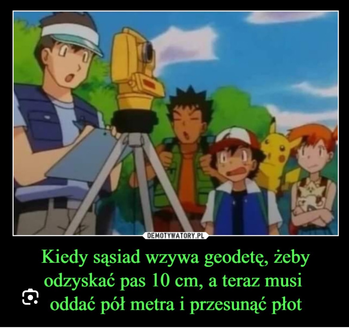 Rysunkowa scena z postaciami z kreskówki Pokemon, w której jedna z nich obsługuje żółty niwelator geodezyjny na trójnogu, sugerując pomiary w Bochni. Pozostałe postacie obserwują z zaskoczonymi...