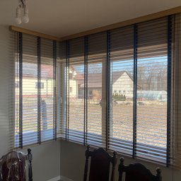 Wiktor Kurłowicz - Drewniane żaluzje poziome w narożnym oknie z widokiem na domy i ogród z tunelem foliowym.