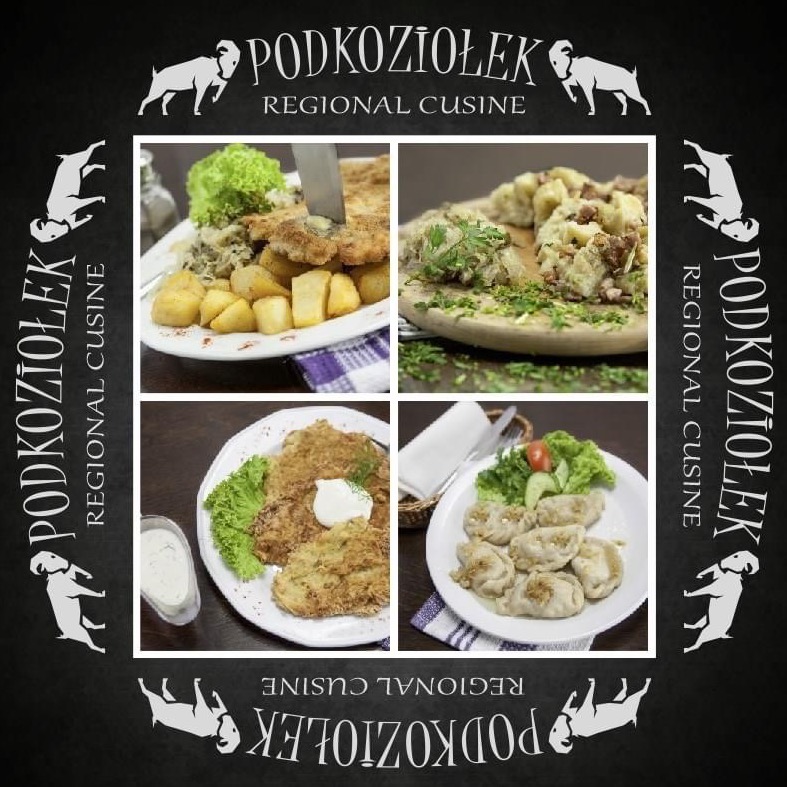 Kolaż czterech dań kuchni regionalnej: kotlet schabowy z ziemniakami i kapustą, kluski ziemniaczane, placki ziemniaczane z sosem, pierogi z mięsem, wszystko na talerzach z dekoracjami, otoczone...