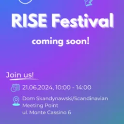 Plakat zapraszający na RISE Festival 21.06.2024 w Domu Skandynawskim, zachęcający do przesyłania zgłoszeń występów na adres rise@usz.edu.pl.