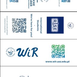 Małgorzata Przezdomska - Kompilacja logotypów i kodów QR Uniwersytetu Szczecińskiego, promujących Akademickie Biuro Karier, program RISE dla studentów zagranicznych oraz Zespół Wsparcia i Rozwoju.
