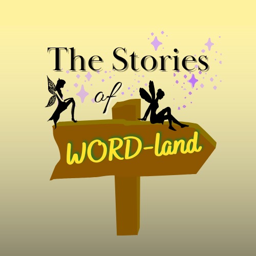 Ilustracja przedstawiająca drewniany drogowskaz z napisem 'WORD-land', ozdobiony sylwetkami wróżek i błyszczącymi gwiazdkami na rozmytym żółto-zielonym tle.