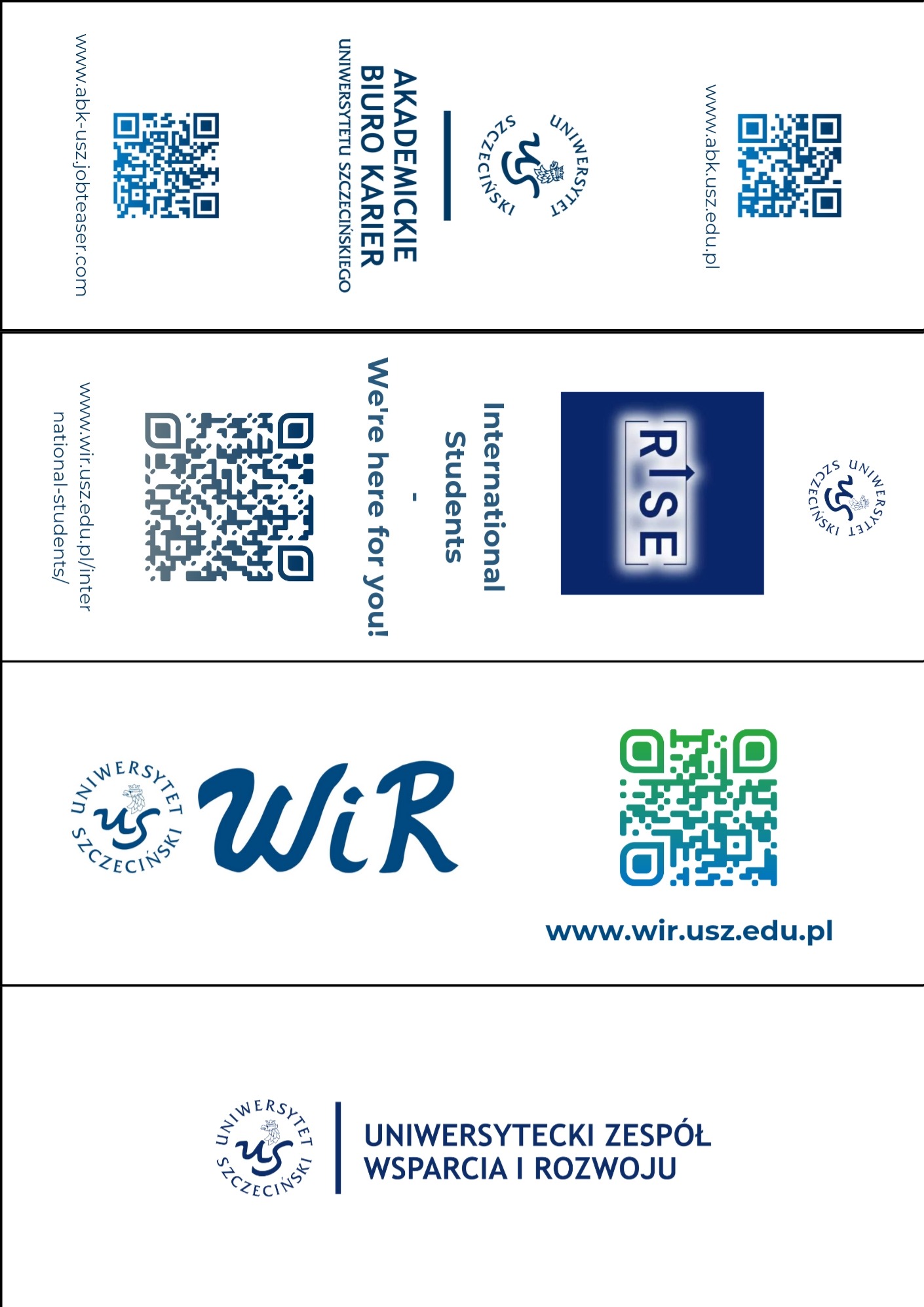 Kompilacja logotypów i kodów QR Uniwersytetu Szczecińskiego, promujących Akademickie Biuro Karier, program RISE dla studentów zagranicznych oraz Zespół Wsparcia i Rozwoju.
