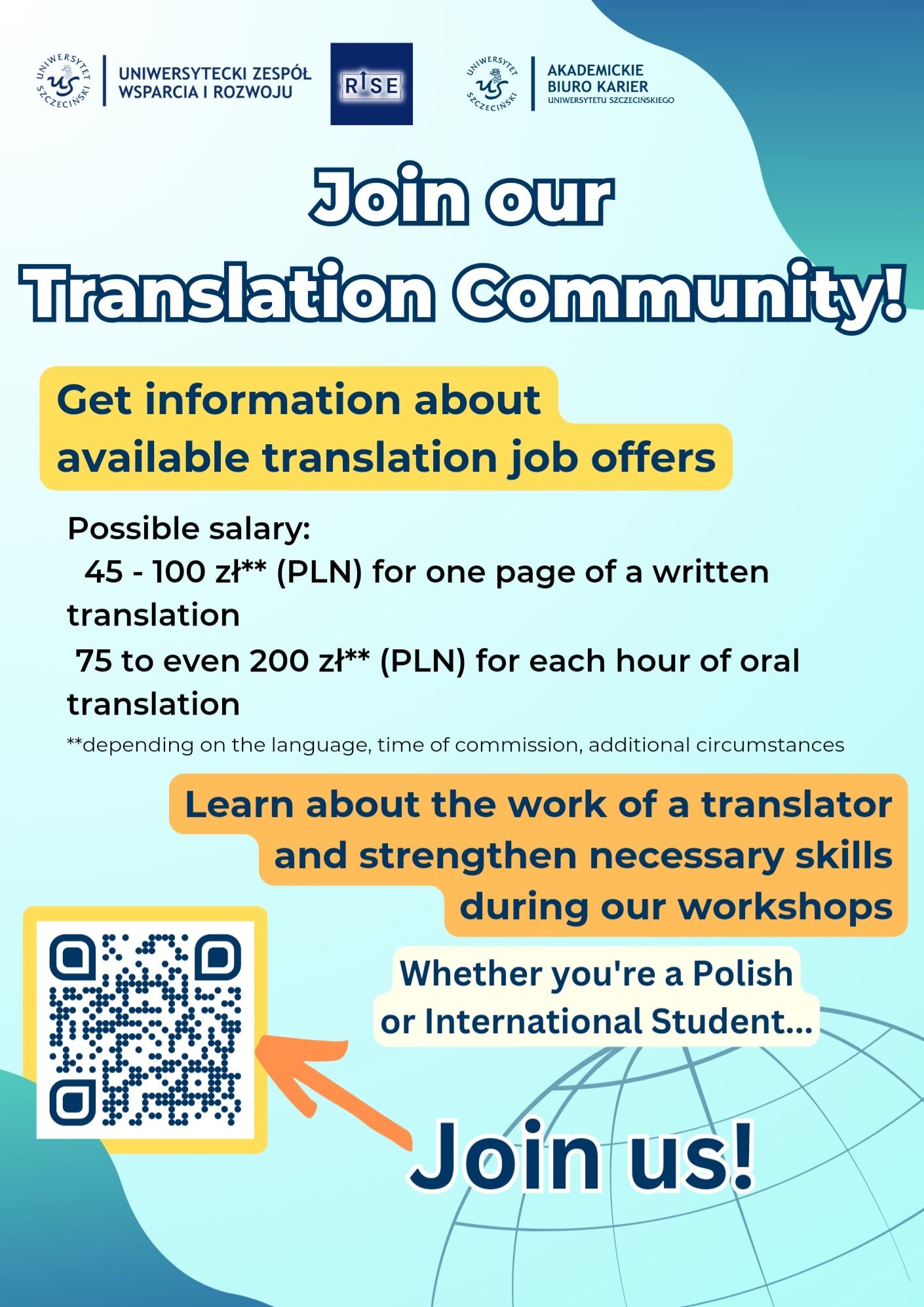 Ogłoszenie o naborze do społeczności tłumaczy Uniwersytetu Szczecińskiego, z informacją o stawkach za tłumaczenia pisemne i ustne oraz warsztatach rozwijających umiejętności, skierowane...