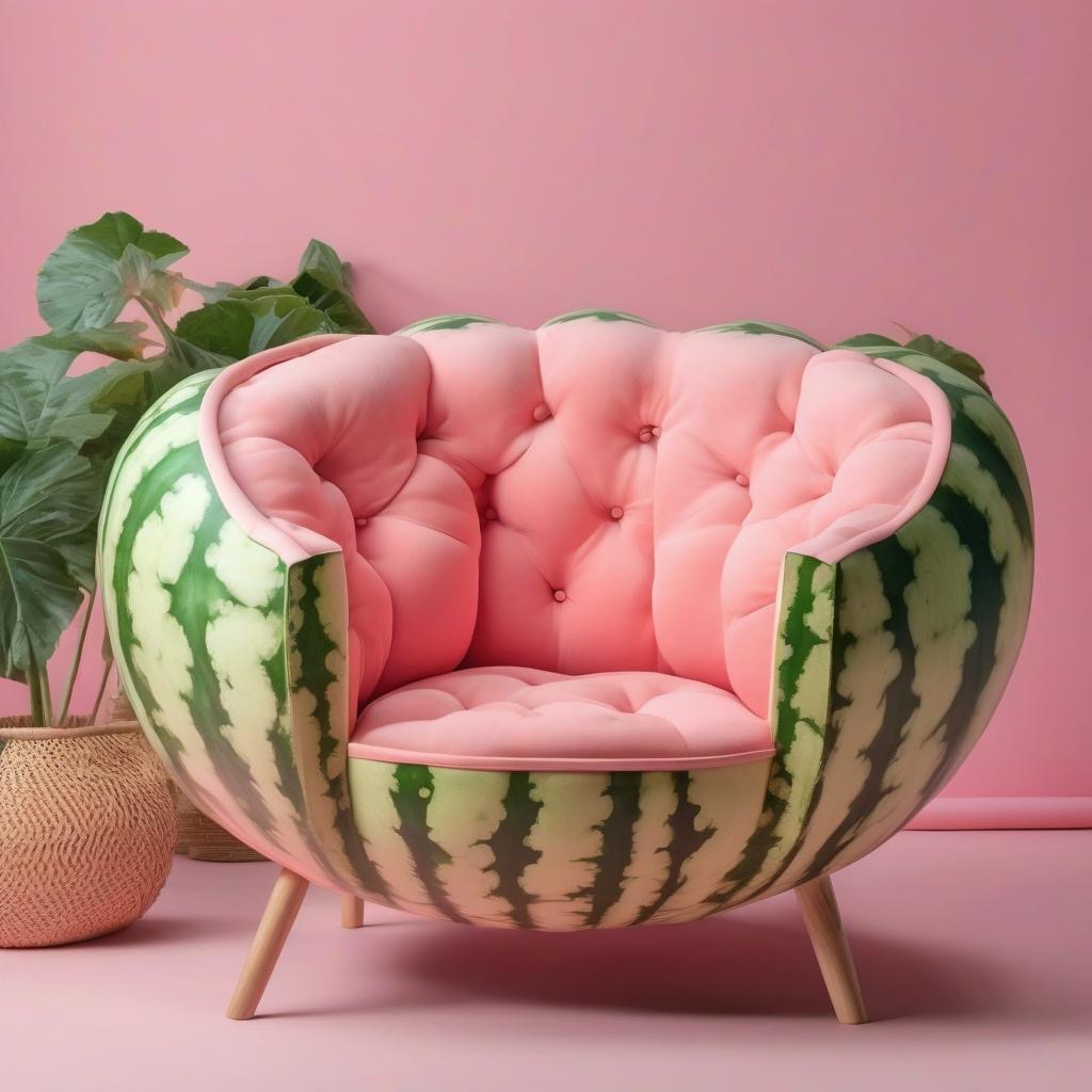 Awangardowy fotel w kształcie arbuza z różowym, pikowanym wnętrzem, stojący na drewnianych nóżkach na tle różowej ściany, obok doniczka z zieloną rośliną.