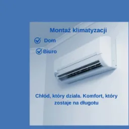 Grafika z klimatyzatorem na ścianie, z zaznaczeniem opcji montażu w domu i biurze. Reklama chłodu i komfortu na długo.