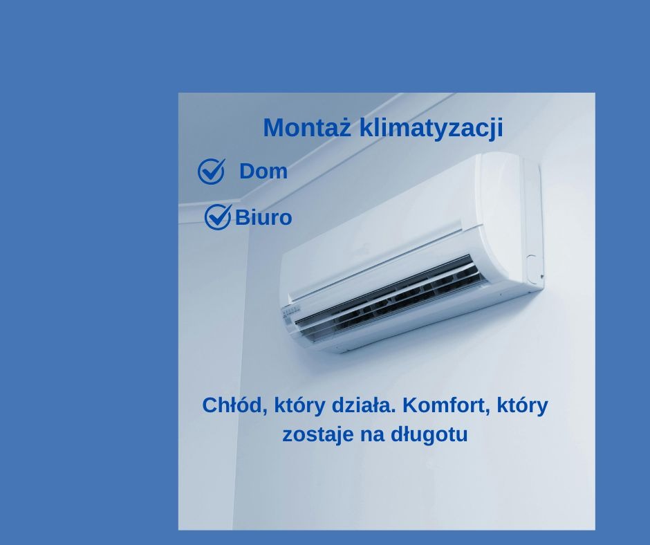 Grafika z klimatyzatorem na ścianie, z zaznaczeniem opcji montażu w domu i biurze. Reklama chłodu i komfortu na długo.