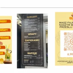 Przykładowe grafiki menu: burger, wrap, zapiekanka, frytki i lemoniada na żółtym tle, obok menu z cenami i kod QR do Instagrama.