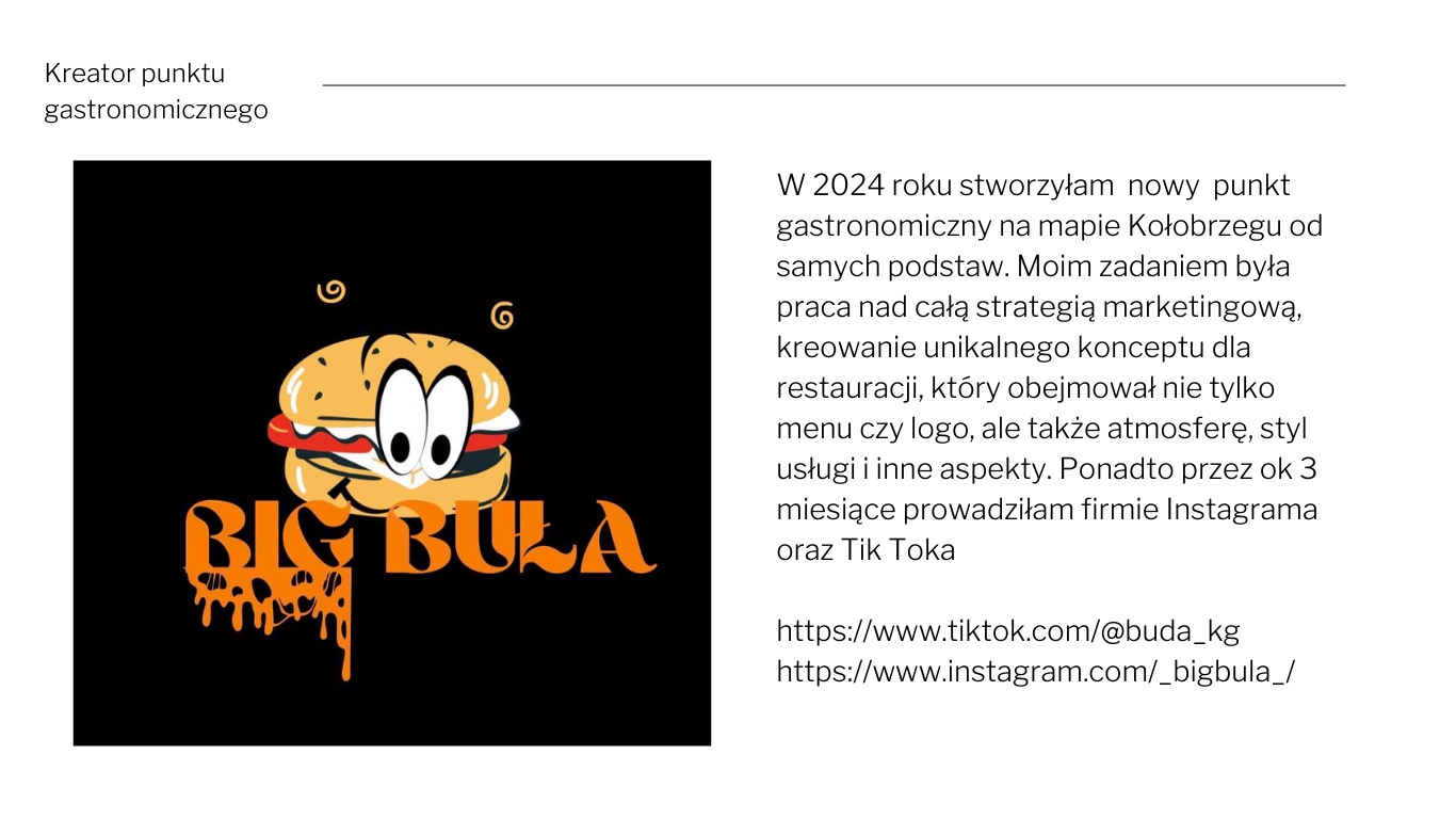 Ilustracja logo fast foodu z burgerem o wyrazistych oczach i napisem 'BIG BULA' z efektem topiącego się sera, na czarnym tle.