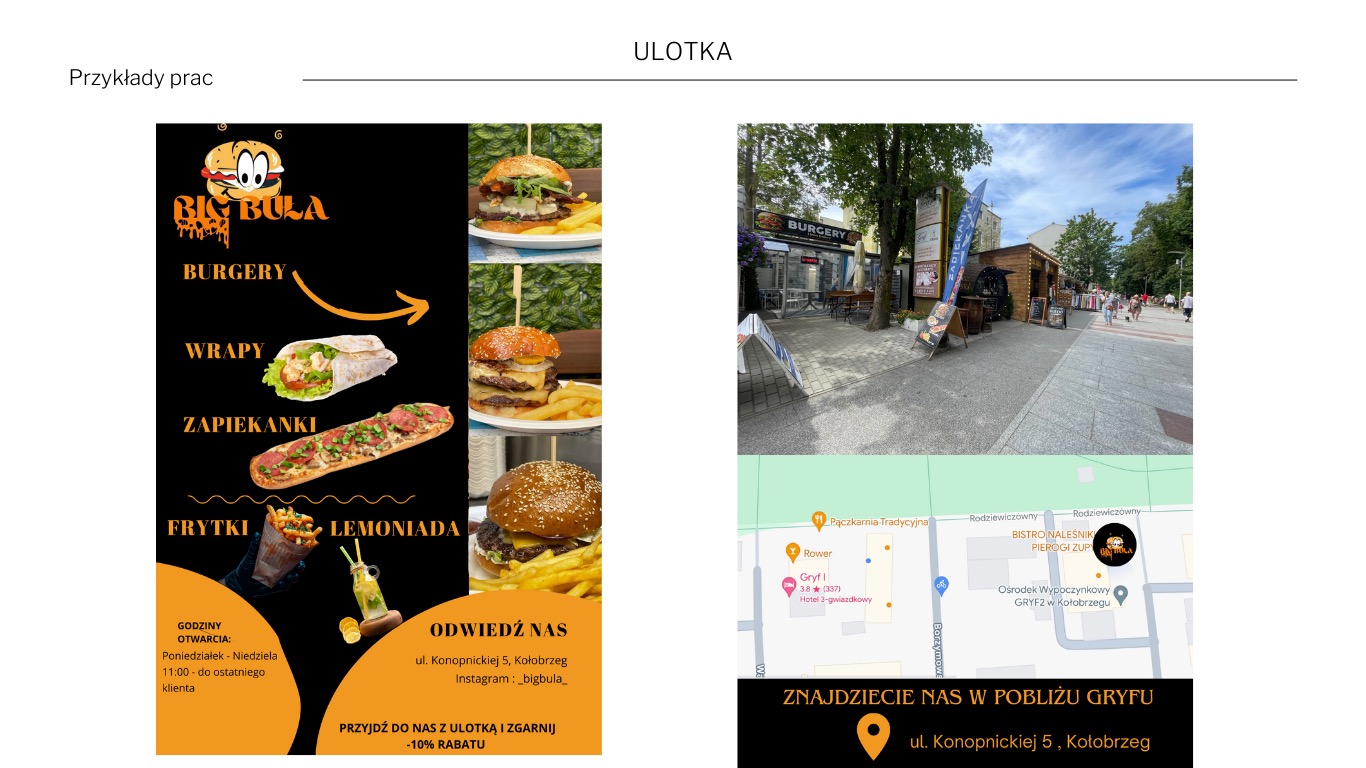 Ulotka reklamowa restauracji z burgerami, wrapami, zapiekankami, frytkami i lemoniadą, prezentująca menu i lokalizację na mapie.