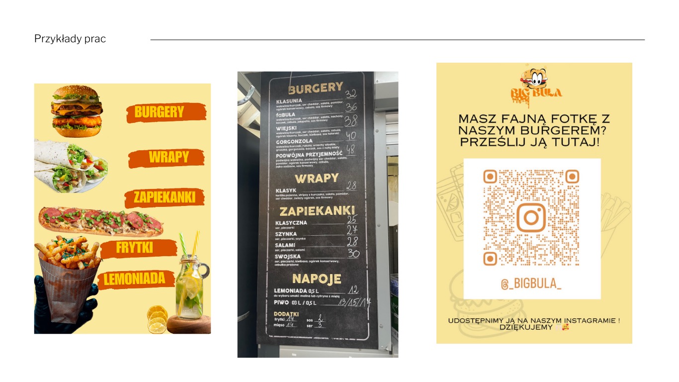 Przykładowe grafiki menu: burger, wrap, zapiekanka, frytki i lemoniada na żółtym tle, obok menu z cenami i kod QR do Instagrama.
