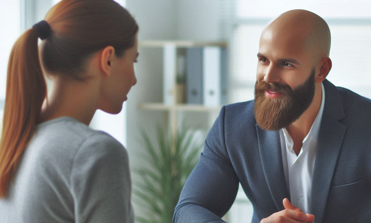 Konsultacja: mężczyzna z brodą w garniturze rozmawia z kobietą w szarym swetrze, widok z profilu kobiety, jasne biuro w tle.