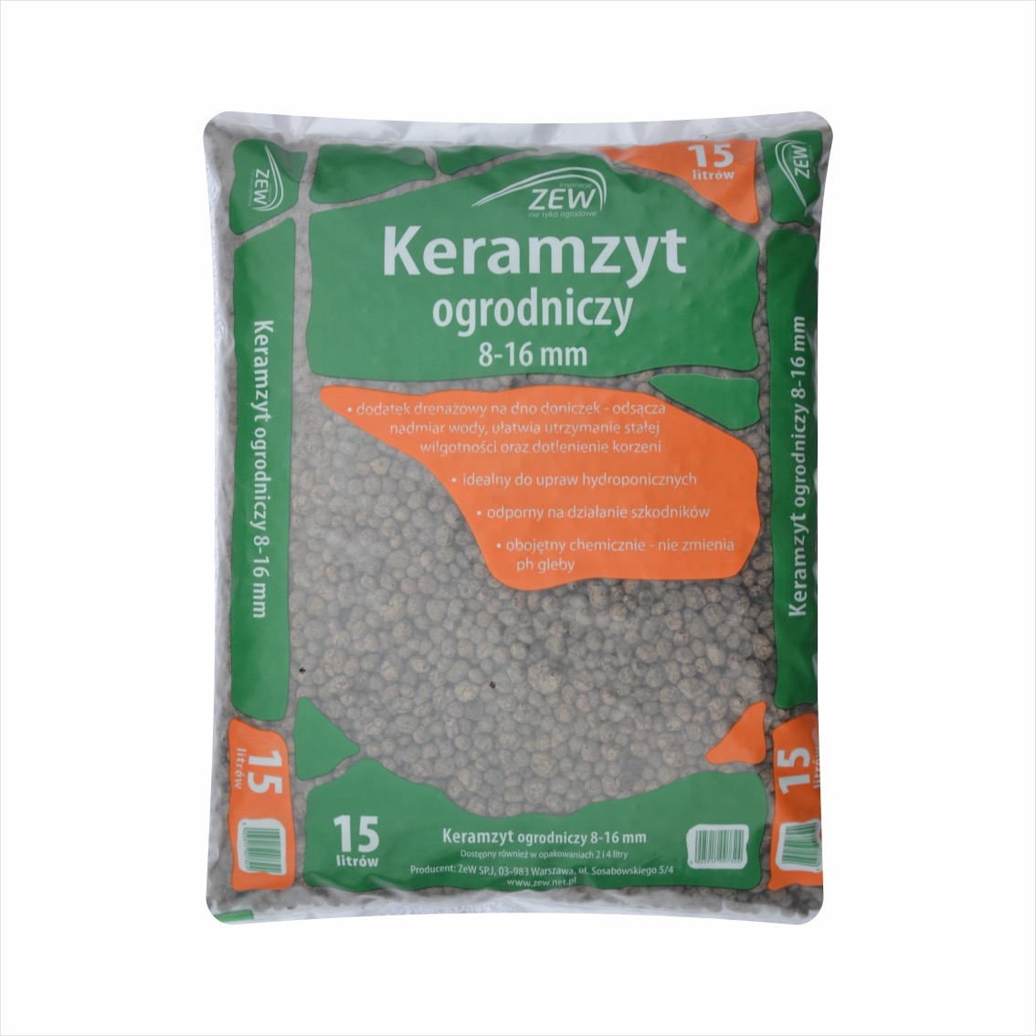 Worek 15-litrowy z keramzytem ogrodniczym 8-16 mm marki ZEW, przeznaczonym do drenażu i upraw hydroponicznych, z widocznymi drobnymi granulkami wewnątrz opakowania.