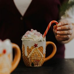 Fave Coffee - Kawa w ceramicznym kubku w kształcie piernikowego domku, udekorowana bitą śmietaną, piankami i laską cukrową, trzymana w dłoni.