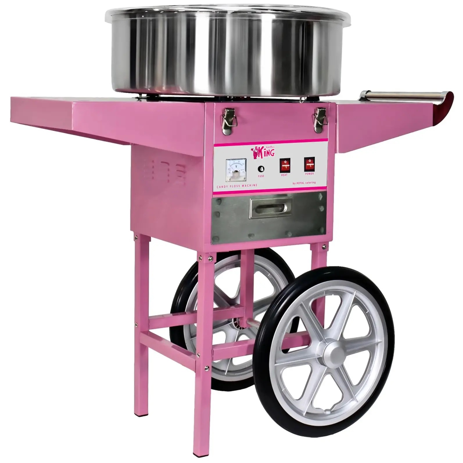 Różowa maszyna do waty cukrowej na kółkach z metalowym garnkiem i panelami sterowania.