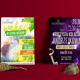 PawJan Design - Dwa plakaty reklamowe hotelu Szablewski na bordowym tle, jeden z ofertą wakacyjną, drugi z uroczystą kolacją andrzejkową, z liściem w dolnej części kadru.