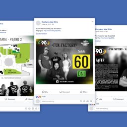 PawJan Design - Zrzut ekranu z Facebooka prezentujący posty profilu 'Kochamy lata 90-te', zawierające mapę klubu, grafikę z odliczaniem do wydarzenia i zdjęcie DJ-a Fąfera z opisem jego działalności.
