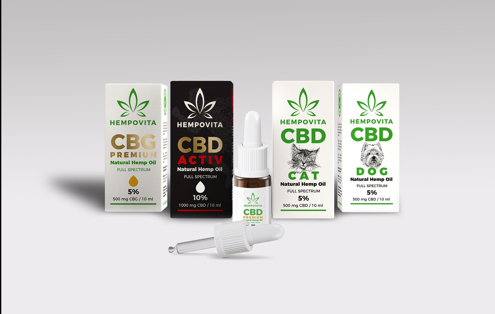 Prezentacja graficzna serii produktów HEMP OVITA: olejki CBG i CBD w opakowaniach z motywami roślinnymi, kota i psa, wraz z zakraplaczem.