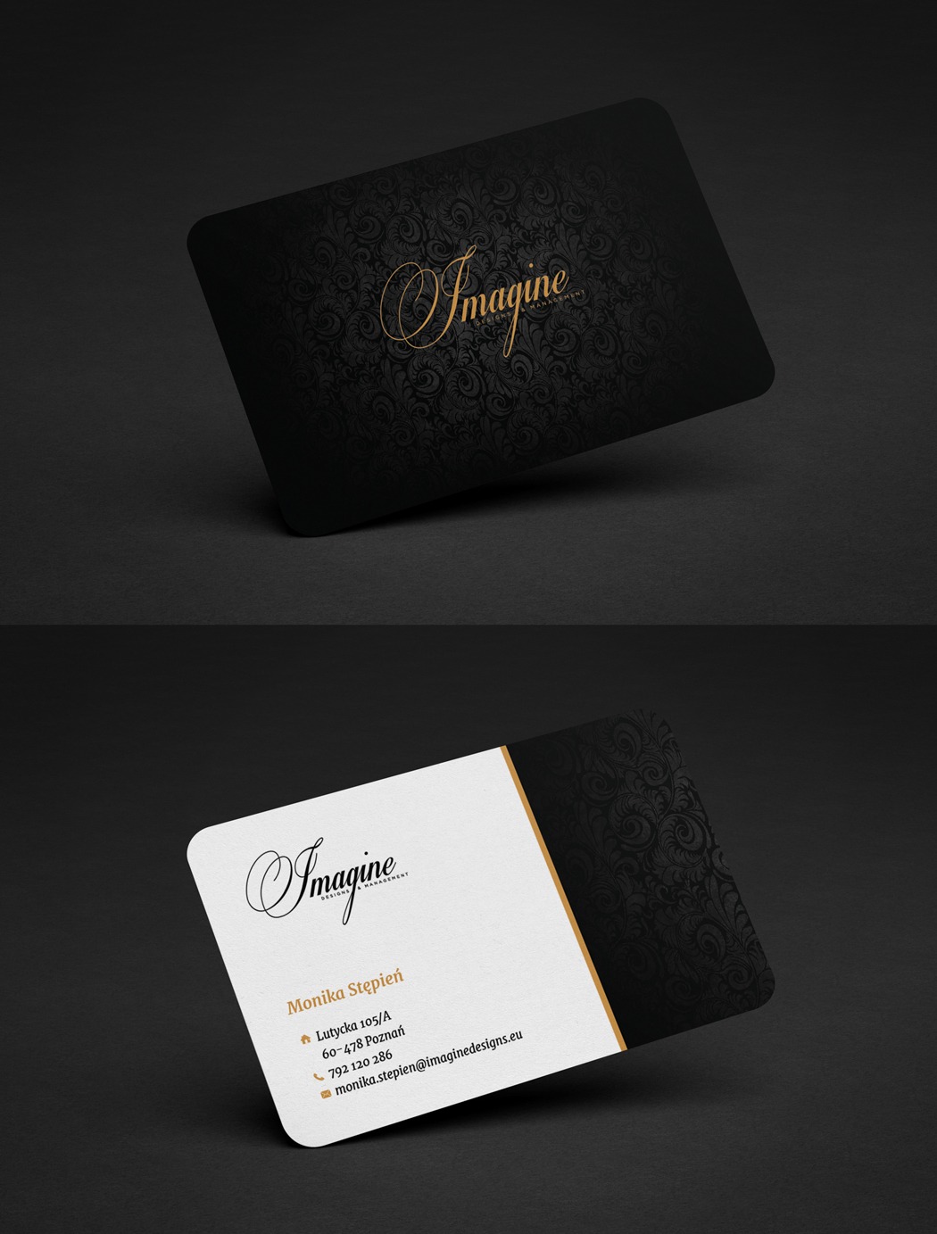 Dwie wizytówki z zaokrąglonymi rogami na ciemnym tle, jedna czarna ze złotym napisem 'Imagine' i ornamentem, druga biała z czarnym ornamentem, złotym paskiem i danymi kontaktowymi Moniki Stępień.