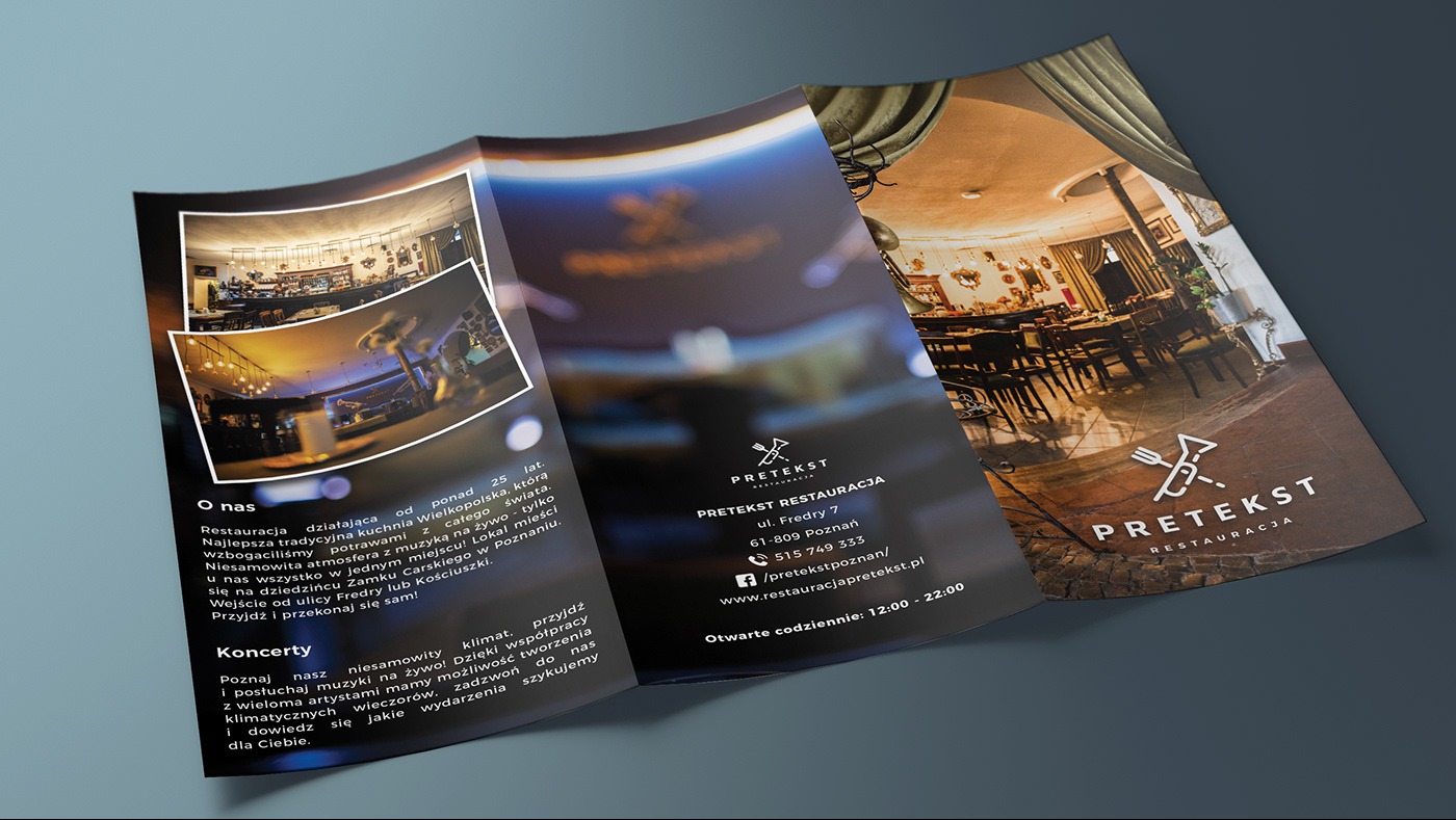 Rozłożona trójdzielna ulotka reklamowa restauracji Pretekst w Poznaniu, prezentująca zdjęcia wnętrza i dane kontaktowe.