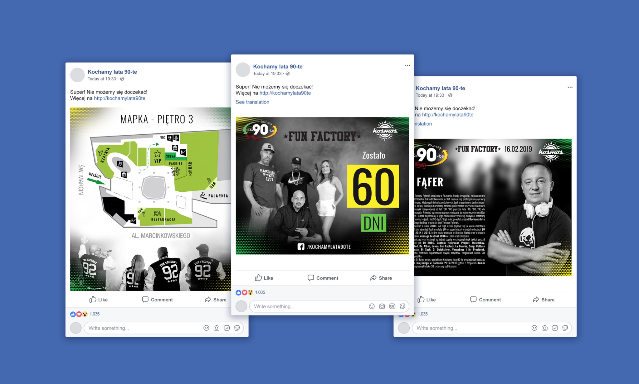 Zrzut ekranu z Facebooka prezentujący posty profilu 'Kochamy lata 90-te', zawierające mapę klubu, grafikę z odliczaniem do wydarzenia i zdjęcie DJ-a Fąfera z opisem jego działalności.